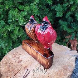 Cardinal Couple Chainsaw Wood Carving OOAK Folk Art