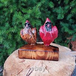 Cardinal Couple Chainsaw Wood Carving OOAK Folk Art