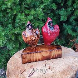 Cardinal Couple Chainsaw Wood Carving OOAK Folk Art