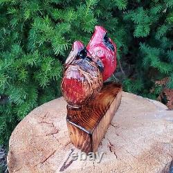 Cardinal Couple Chainsaw Wood Carving OOAK Folk Art