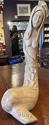 Carlos Barela B. 1957 Cedar Carving of a Mermaid Signed & Dated 2003 Taos NM