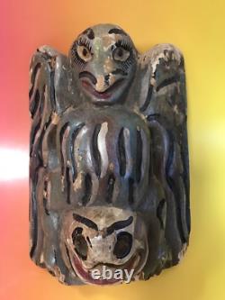 Carved Mexican Mask Folk Art Frog Bird Or Skull Primitive Wood Mexico Vintage