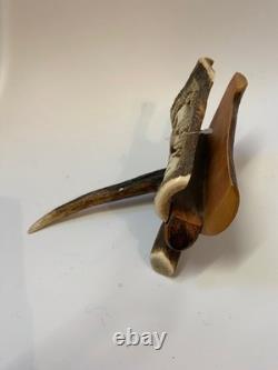 Carved Roe Deer Wood Mail Holder With Hunting Scene Folk Art