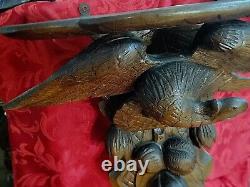 Carved War Eagle Oak Wall Mount Clock Shelf Sconce Fruit Nuts 24T Folk Art