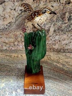 Carved Wood Cactus Wren Sculpture South West Folk Art Signed Hans Kihlstrom 1992