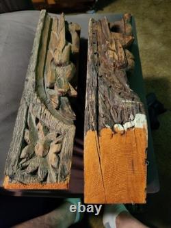 Carved Wood Corbel Indian Mughal Folk Art Architectural Gothic Early Pair 17