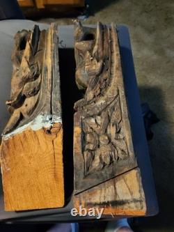 Carved Wood Corbel Indian Mughal Folk Art Architectural Gothic Early Pair 17