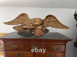 Carved Wood Folk Art Eagle Americana 41W Gilt And Painted American Shield