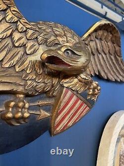 Carved Wood Folk Art Eagle Americana 41W Gilt And Painted American Shield