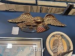 Carved Wood Folk Art Eagle Americana 41W Gilt And Painted American Shield