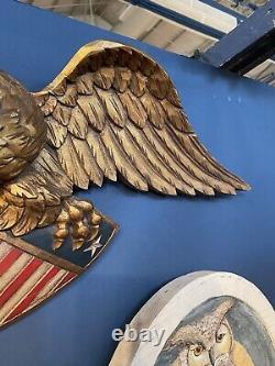 Carved Wood Folk Art Eagle Americana 41W Gilt And Painted American Shield