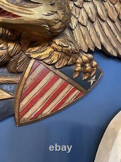 Carved Wood Folk Art Eagle Americana 41W Gilt And Painted American Shield