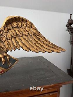 Carved Wood Folk Art Eagle Americana 41W Gilt And Painted American Shield