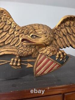 Carved Wood Folk Art Eagle Americana 41W Gilt And Painted American Shield