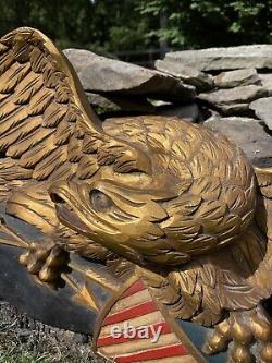 Carved Wood Folk Art Eagle Americana 41W Gilt And Painted American Shield