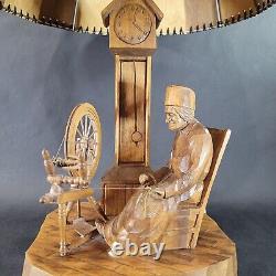 Carved Wood Lamp and Shade Paul Emile Caron Canadian Folk Art Spinning Wheel