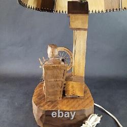 Carved Wood Lamp and Shade Paul Emile Caron Canadian Folk Art Spinning Wheel