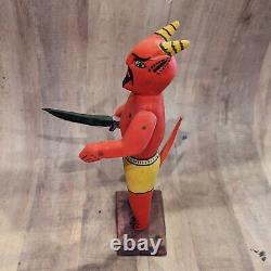 Carved Wood Red Devil Figure Statue With Knife Mexico Folk Art 10