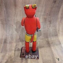 Carved Wood Red Devil Figure Statue With Knife Mexico Folk Art 10