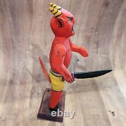 Carved Wood Red Devil Figure Statue With Knife Mexico Folk Art 10