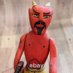 Carved Wood Red Devil Figure Statue With Knife Mexico Folk Art 10