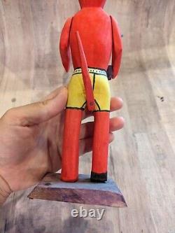 Carved Wood Red Devil Figure Statue With Knife Mexico Folk Art 10