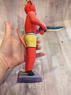Carved Wood Red Devil Figure Statue With Knife Mexico Folk Art 10