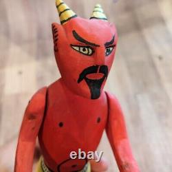 Carved Wood Red Devil Figure Statue With Knife Mexico Folk Art 10