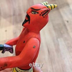 Carved Wood Red Devil Figure Statue With Knife Mexico Folk Art 10