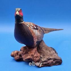 Carved Wood Ringneck Pheasant Folk Art Mounted On Burl Wood 10 In Long