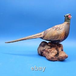 Carved Wood Ringneck Pheasant Folk Art Mounted On Burl Wood 10 In Long