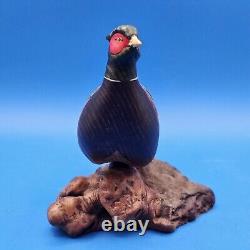 Carved Wood Ringneck Pheasant Folk Art Mounted On Burl Wood 10 In Long