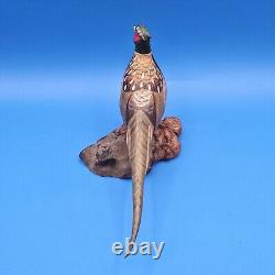 Carved Wood Ringneck Pheasant Folk Art Mounted On Burl Wood 10 In Long