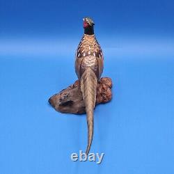 Carved Wood Ringneck Pheasant Folk Art Mounted On Burl Wood 10 In Long