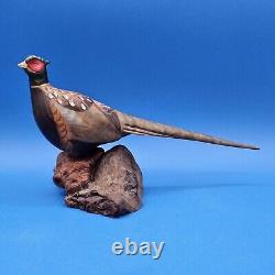 Carved Wood Ringneck Pheasant Folk Art Mounted On Burl Wood 10 In Long