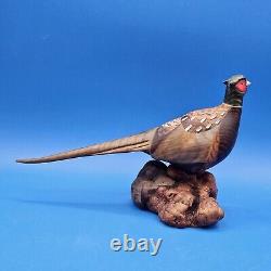 Carved Wood Ringneck Pheasant Folk Art Mounted On Burl Wood 10 In Long
