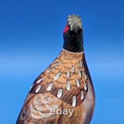 Carved Wood Ringneck Pheasant Folk Art Mounted On Burl Wood 10 In Long