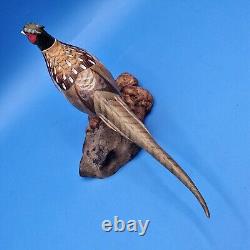 Carved Wood Ringneck Pheasant Folk Art Mounted On Burl Wood 10 In Long