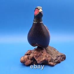 Carved Wood Ringneck Pheasant Folk Art Mounted On Burl Wood 10 In Long