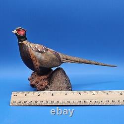 Carved Wood Ringneck Pheasant Folk Art Mounted On Burl Wood 10 In Long