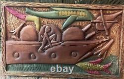 Carved Wood Story Board Haiti Folk Art Stylized Warship Relief