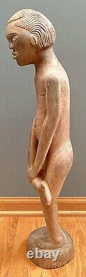 Carved Wood Wooden Folk Art Boy Man Holding Leg Figural Sculpture Statue 28 HTF
