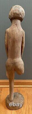 Carved Wood Wooden Folk Art Boy Man Holding Leg Figural Sculpture Statue 28 HTF