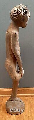 Carved Wood Wooden Folk Art Boy Man Holding Leg Figural Sculpture Statue 28 HTF