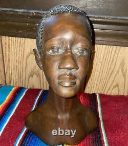 Carved Wooden Haitian Bust Young Caribbian African Man Signed J Dersomeau Haiti