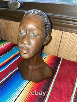 Carved Wooden Haitian Bust Young Caribbian African Man Signed J Dersomeau Haiti