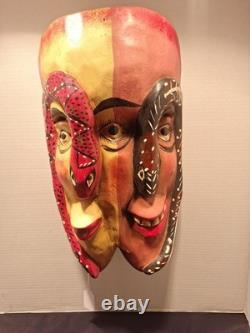 Carved Wooden Mexican Guerrero Mask Two Face Folk Art