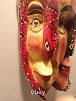 Carved Wooden Mexican Guerrero Mask Two Face Folk Art