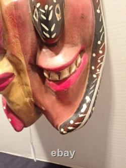 Carved Wooden Mexican Guerrero Mask Two Face Folk Art