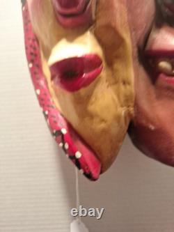 Carved Wooden Mexican Guerrero Mask Two Face Folk Art